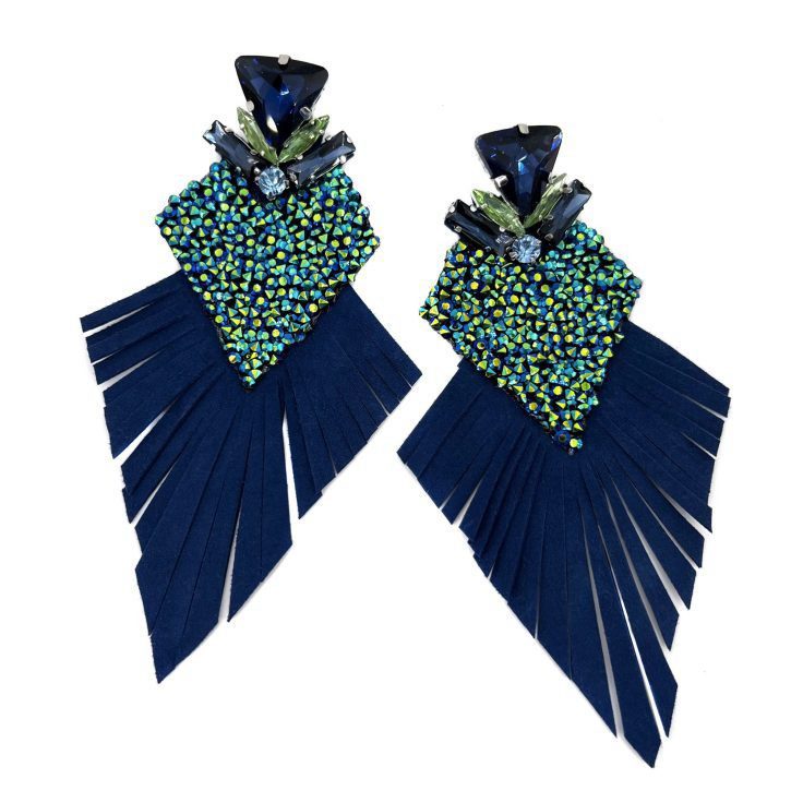 Orecchini Con Frangia In Camoscio Blu E Micro Cristalli - F0194