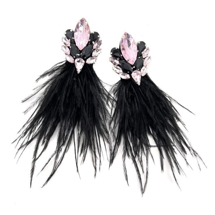 Orecchini Con Pietre Rosa E Piume Nere - Cp190