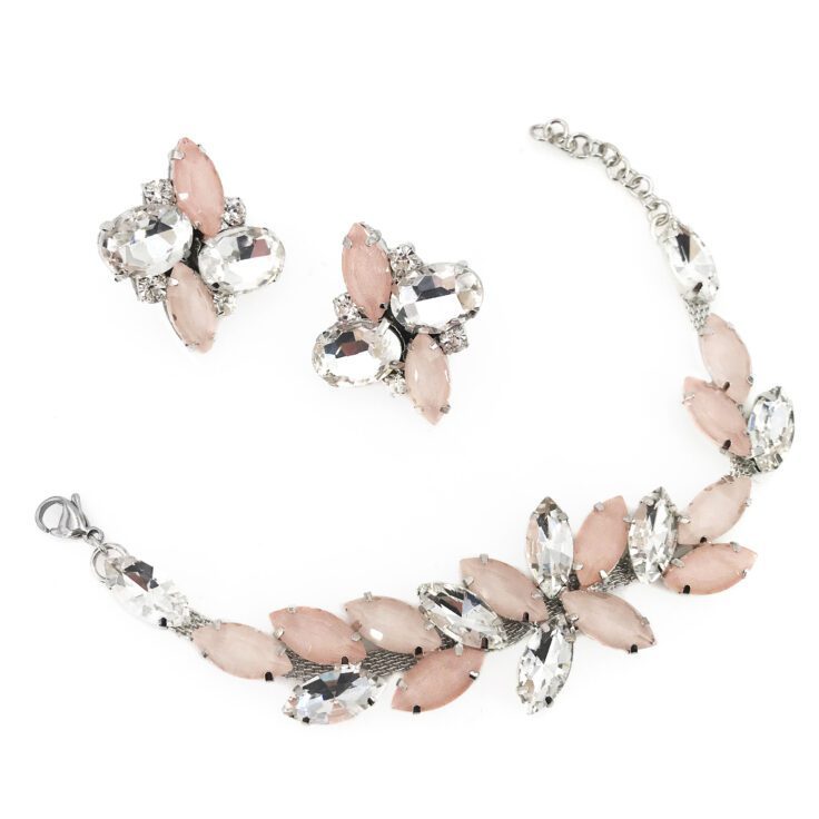 Orecchini E Bracciale Con Pietre Cipria, Rosa E Crystal - Cod.pr174