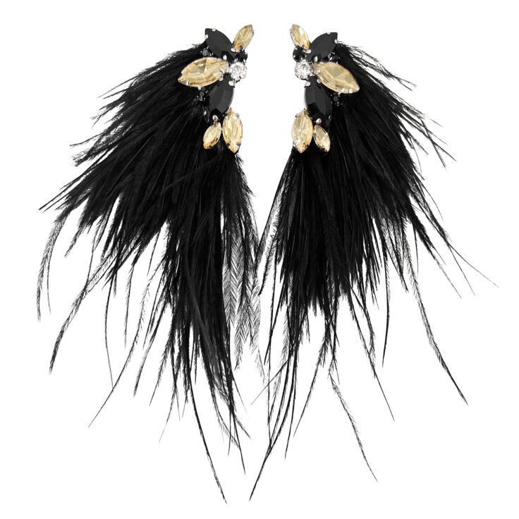 Orecchini Con Pietre Nere Oro E Piume Nere - Cl1105