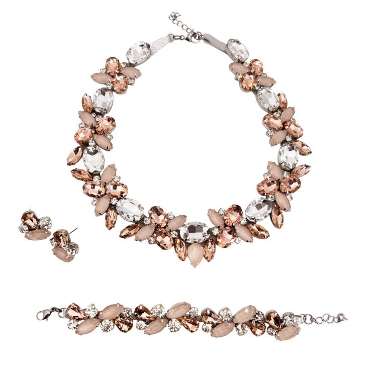 Collana Orecchini E Bracciale Con Pietre Rosa Cipria E Crystal  - Pr258