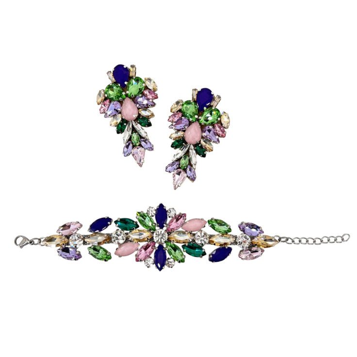 Orecchini E Bracciale Con Pietre Viola Rosa Verdi E Oro  - Pr259