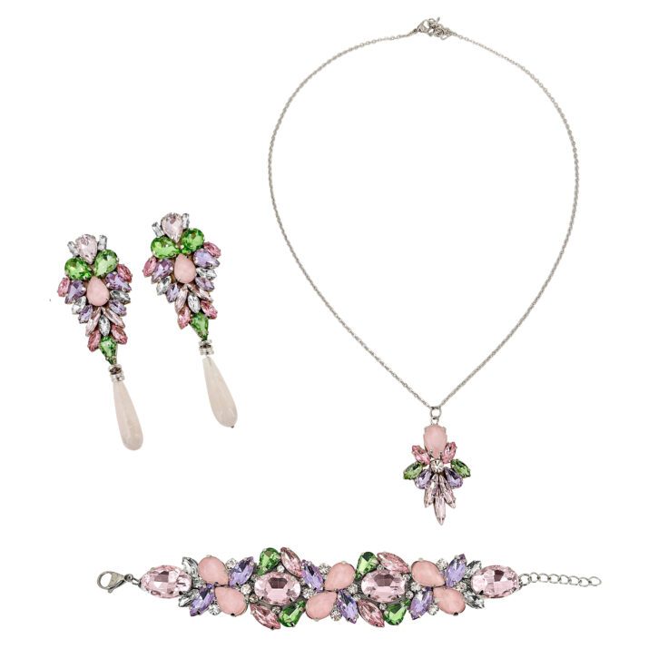 Collana Orecchini E Bracciale Con Pietre Rosa E Verdi  - Pr262