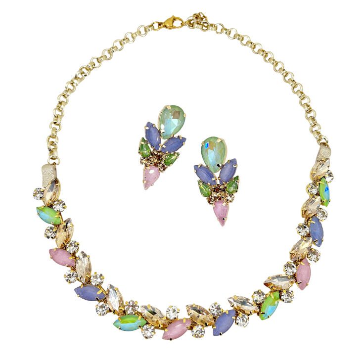 Collana E Orecchini Con Pietre Verdi Cangianti Oro Glicine E Rosa  - Pr265