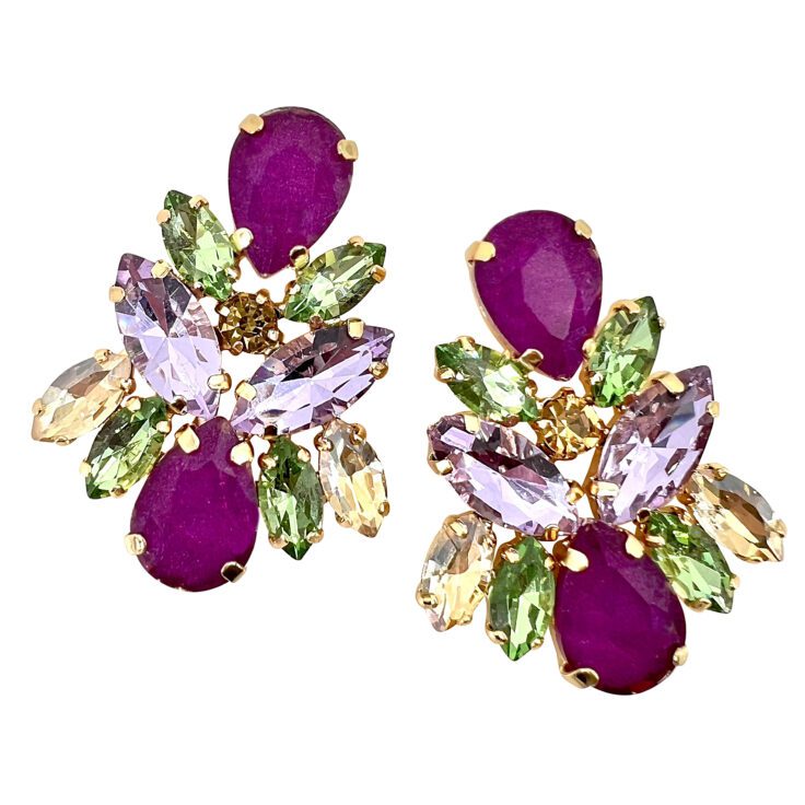 Orecchini Con Pietre Fucsia Ametista Verdi E Oro - Cl1310