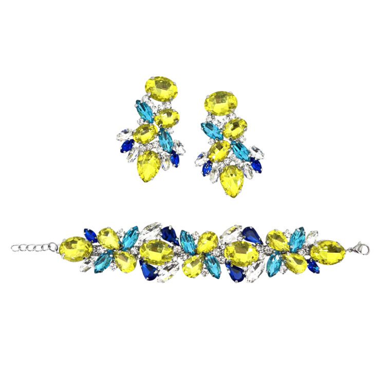 Orecchini E Bracciale Con Pietre Giallo Lime Turchesi E Blu - Pr271