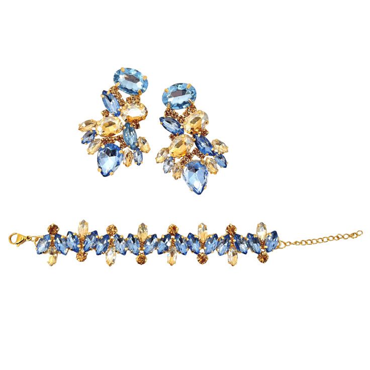 Orecchini E Bracciale Con Pietre Celesti E Oro - Pr270