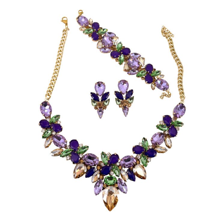 Collana Orecchini E Bracciale Con Pietre Ametista Viola Verdi E Oro - Pr273