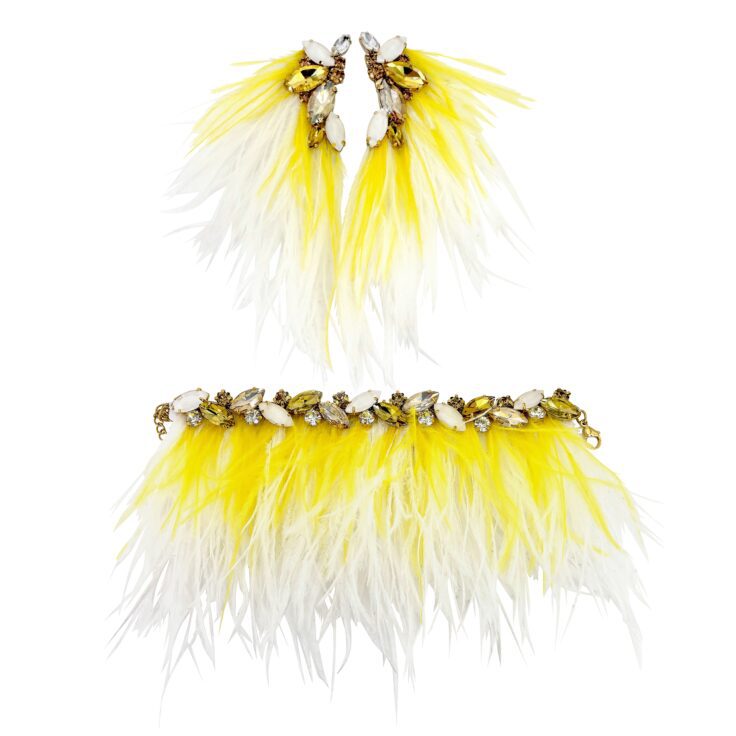 Orecchini E Bracciale Con Pietre Bianche Gialle E Oro E Piume Bianche E Gialle - Pr286