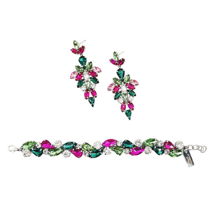 Orecchini E Bracciale Con Pietre Verdi Crystal E Fucsia - Pr324
