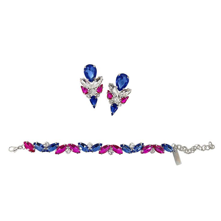Orecchini E Bracciale Con Pietre Blu Elettrico Crystal E Fucsia - Pr317