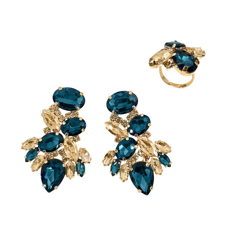 Orecchini E Anello Con Pietre Ottanio E Oro - Pr315