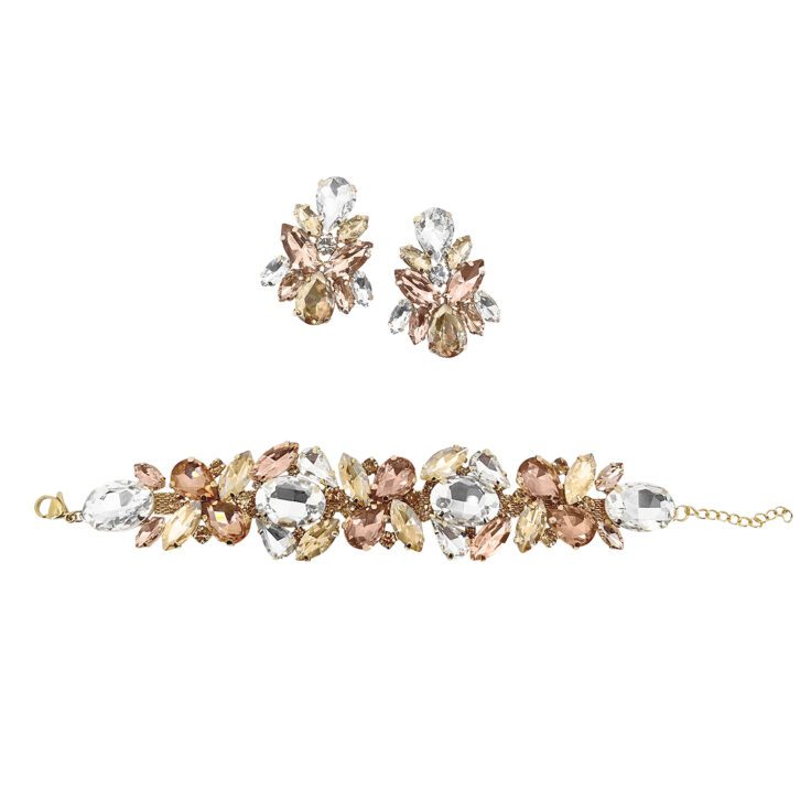 Orecchini E Bracciale Con Pietre Oro Crystal E Rosa Cipria - Pr322