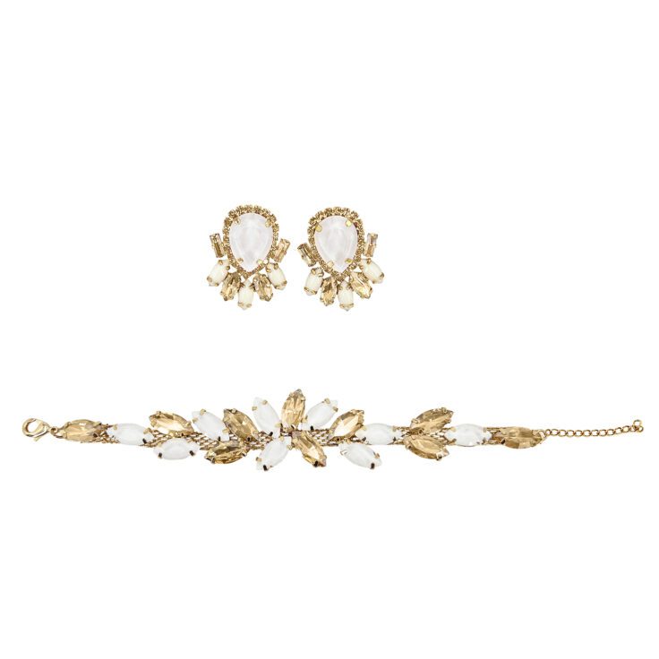 Orecchini E Bracciale Con Pietre Oro E Bianche - Pr321