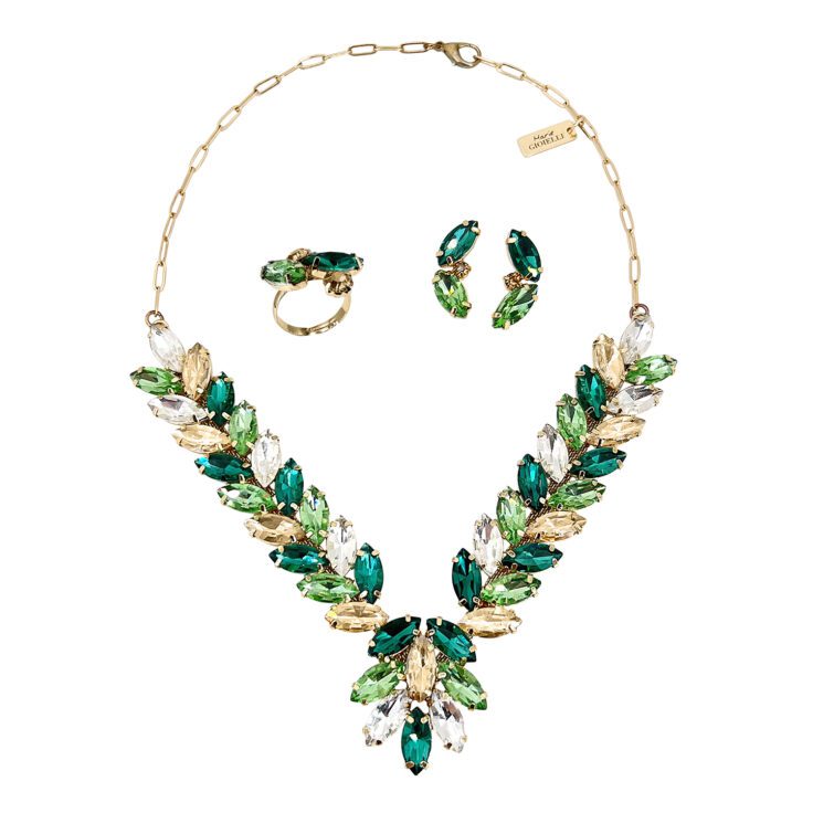 Collana Orecchini E Anello Con Pietre Verdi E Oro - Pr295