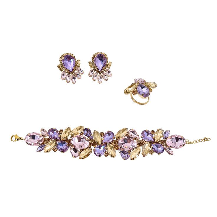 Orecchini Bracciale E Anello Con Pietre Oro Ametista E Rosa - Pr314