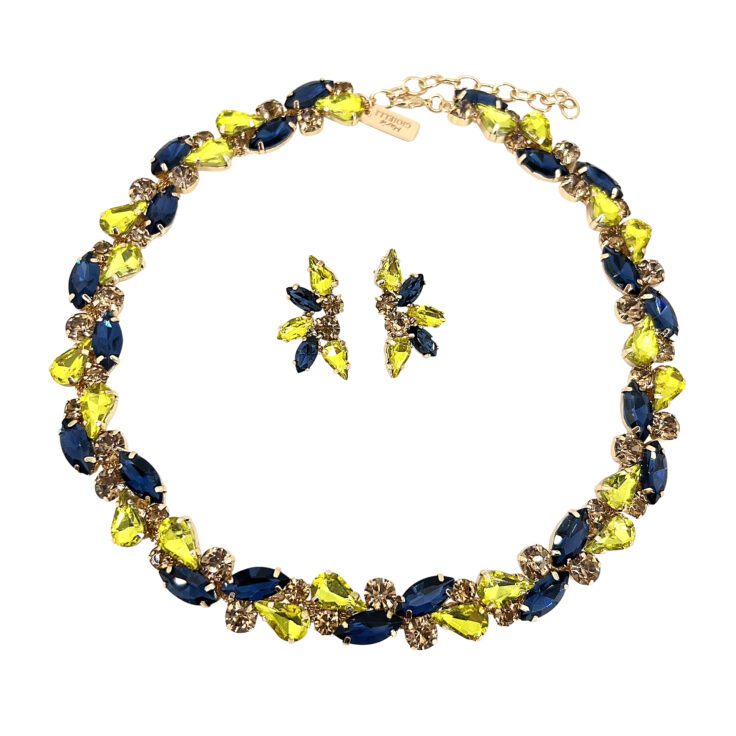 Collana E Orecchini Con Pietre Blu E Giallo Lime E Oro - Pr292