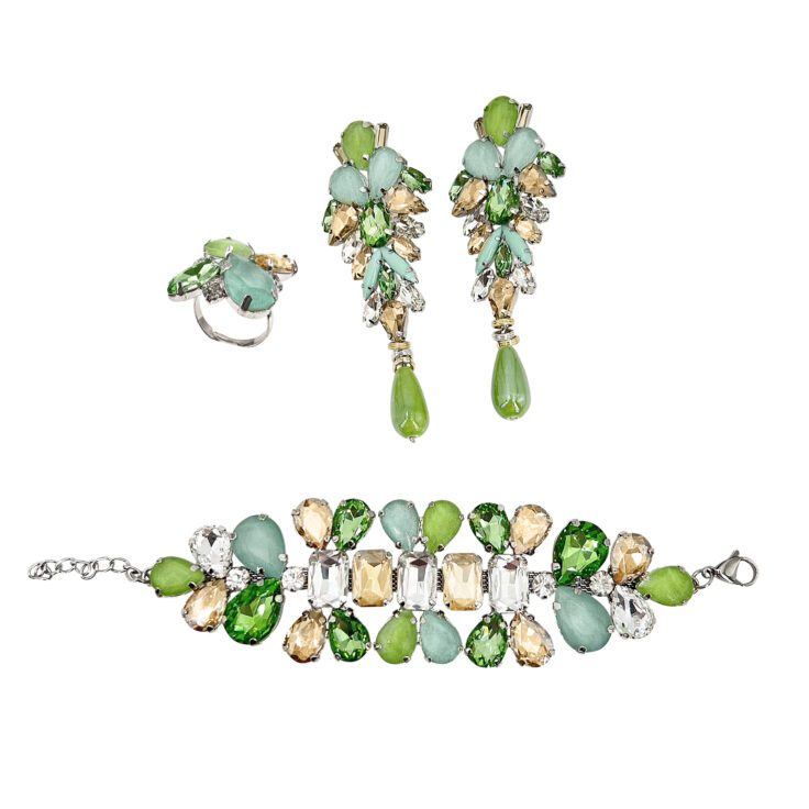 Orecchini Bracciale E Anello Con Pietre Verdi Oro Verde Acqua E Crystal - Pr330