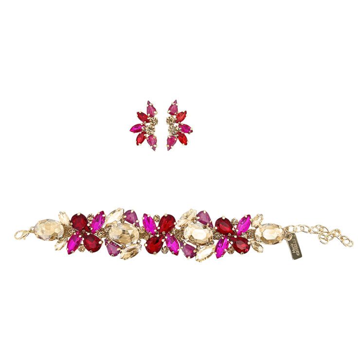 Orecchini E Bracciale Con Pietre Rosse Fucsia Oro E Fucsia Cangiante - Pr326