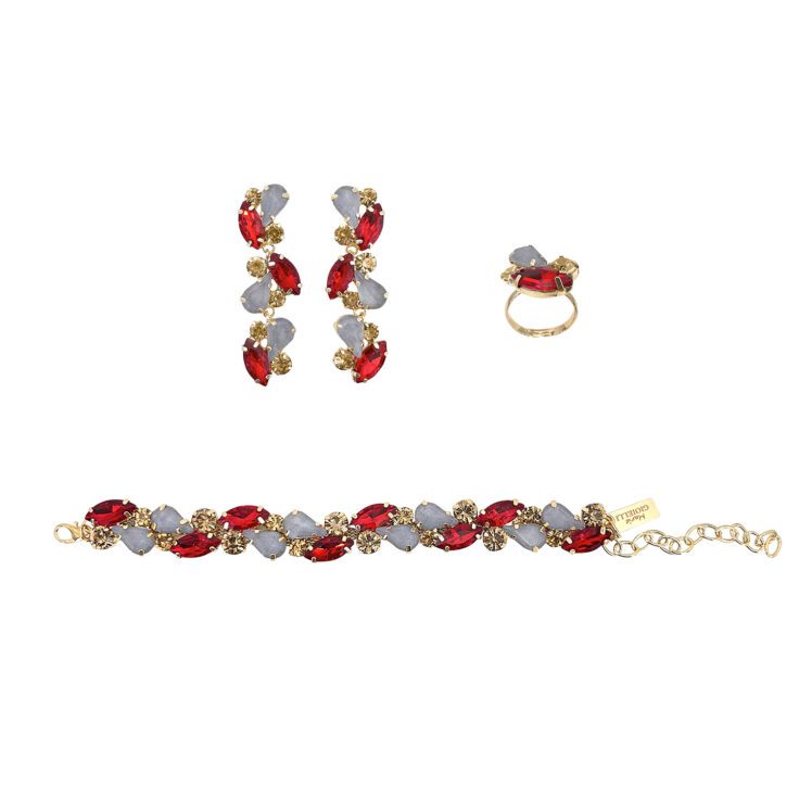 Orecchini Bracciale E Anello Con Pietre Rosse E Grigie - Pr331