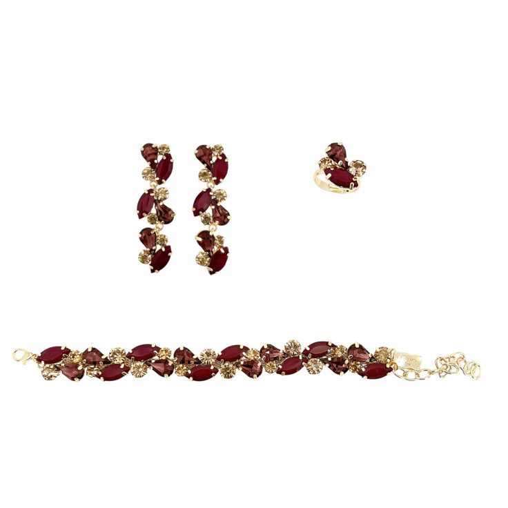 Orecchini Bracciale E Anello Con Pietre Burgundy - Pr340