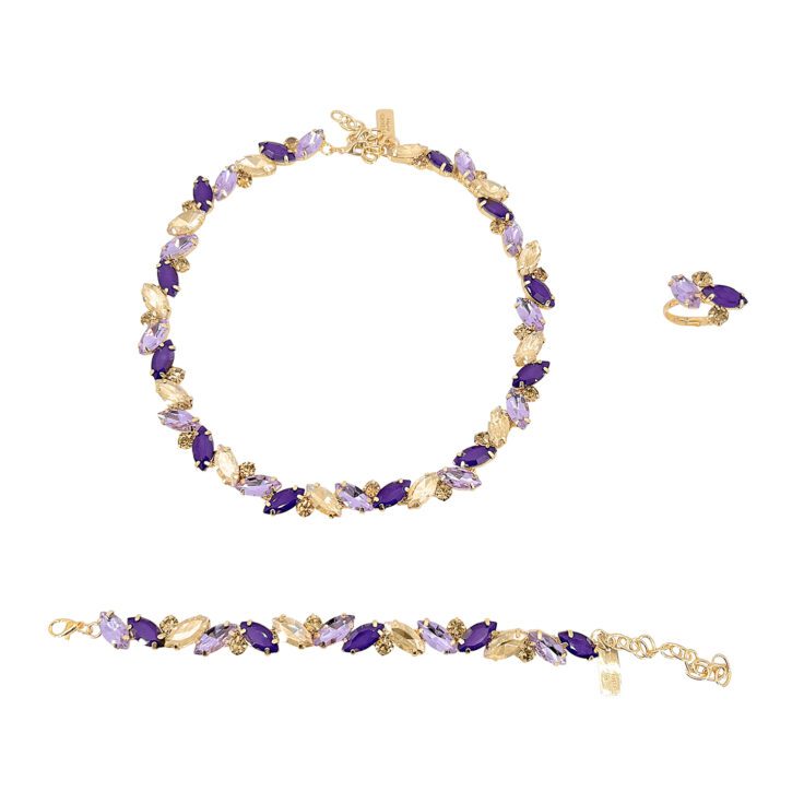 Collana Bracciale E Anello Con Pietre Oro Ametista E Viola - Pr339