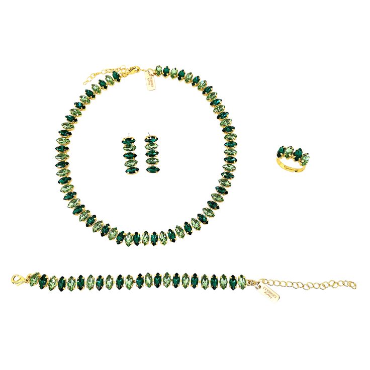 Collana Orecchini Anello E Bracciale Con Pietre Verdi - Pr346