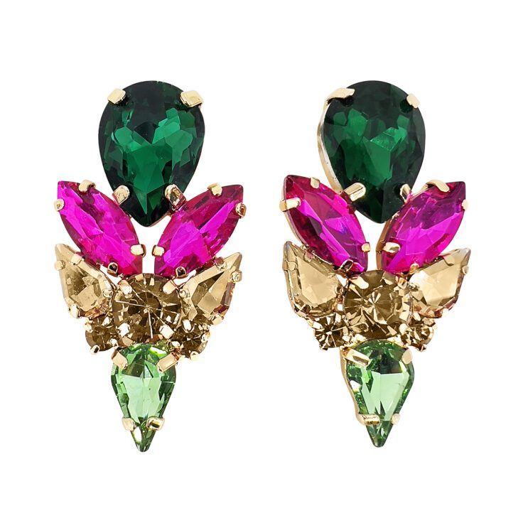 Orecchini Placcati Oro 24K Con Pietre Verdi Fucsia E Oro  - Terra43