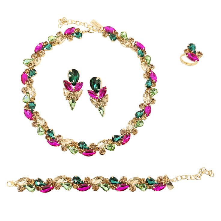 Collana Orecchini Bracciale E Anello Con Pietre Verdi Fucsia E Oro - Set8