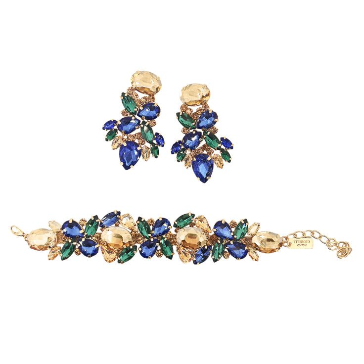 Orecchini E Bracciale Con Pietre Blu Elettrico Verdi E Oro - Set11