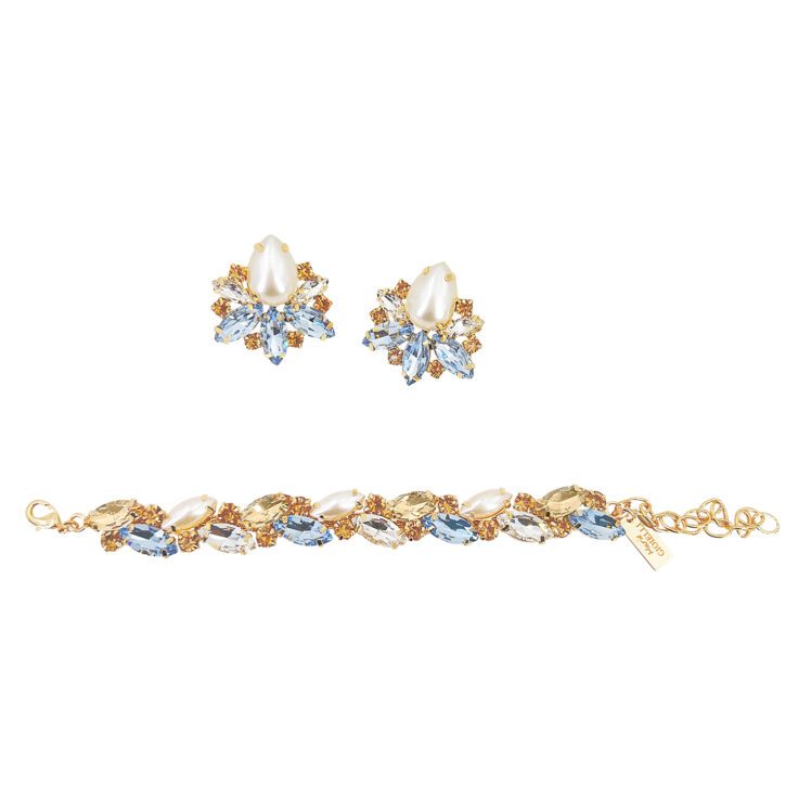 Orecchini E Bracciale Con Pietre Celesti Crystal Oro E Bianco Perlato - Set10