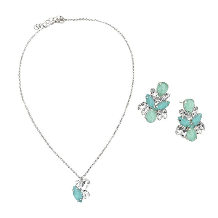 Collana E Orecchini Con Pietre Verde Acqua E Crystal - Set7