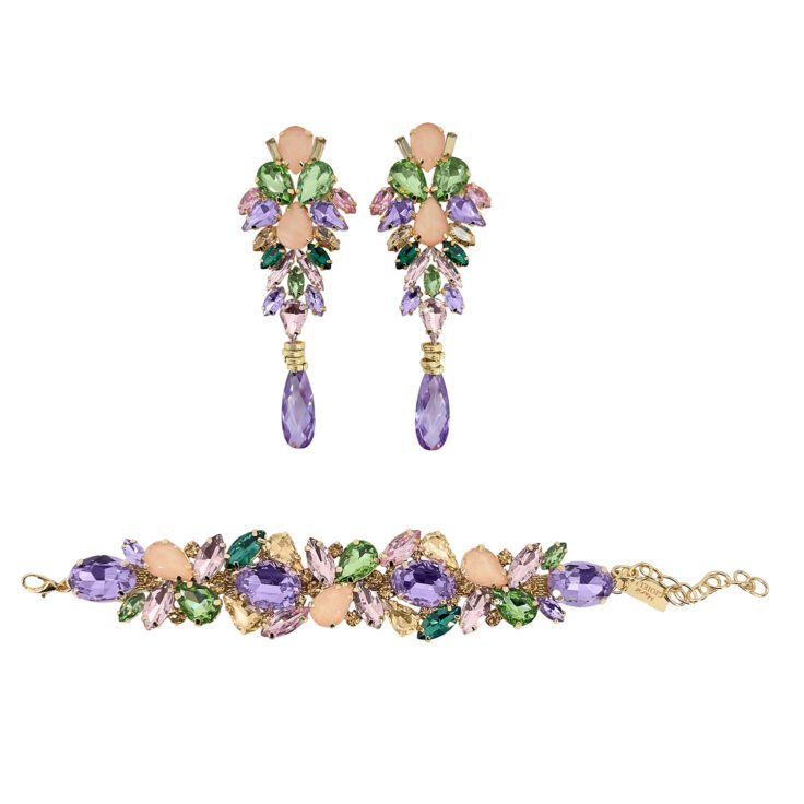 Orecchini E Bracciale Con Pietre Cipria Verdi Rosa Oro E Ametista - Set21