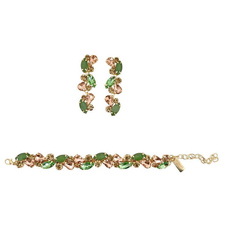 Orecchini E Bracciale Con Pietre Verdi E Cipria - Set22