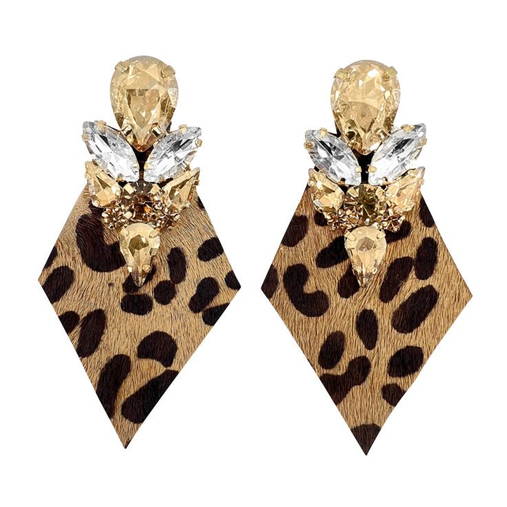 Orecchini Con Frangia In Cavallino Animalier E Pietre Crystal E Oro - Vo57