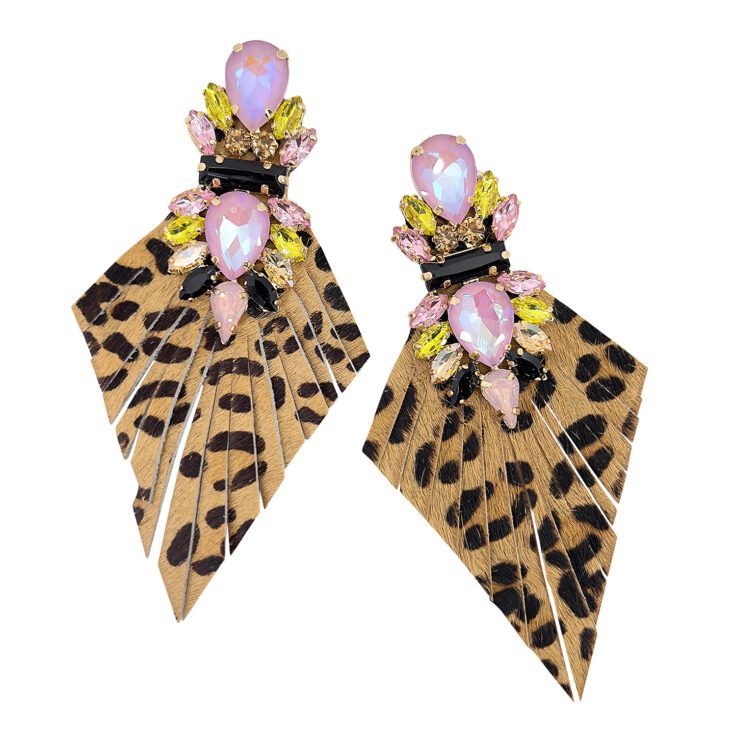 Orecchini Con Frangia In Cavallino Animalier E Pietre Rosa Cangiante Nere Rosa E Giallo Lime - Vo54