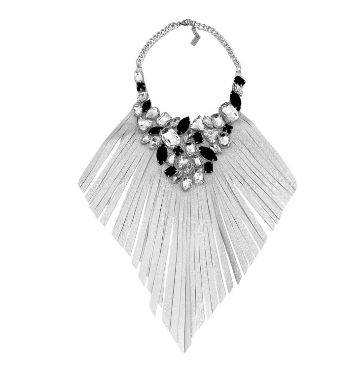 Collana Con Frangia Argentata E Pietre Nere E Crystal - Mia1