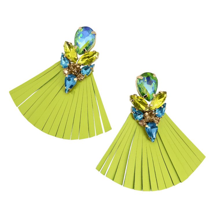 Orecchini Con Frangia Verde E Pietre Celesti Verdi Cangianti Giallo Lime E Turchesi - Vo69