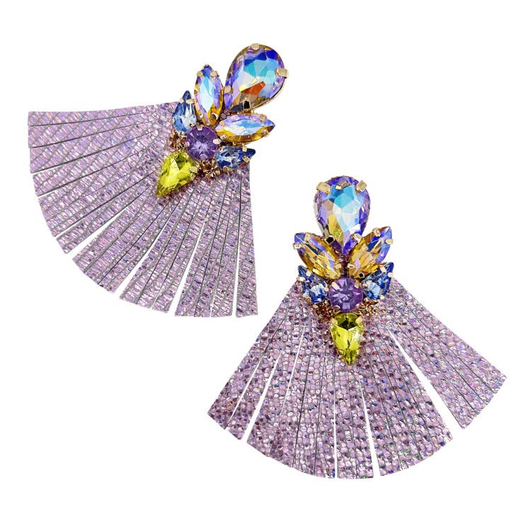 Orecchini Con Frangia Rosa Glitterata E Pietre Celesti Giallo Lime E Glicine Giallo Cangiante - Vo68
