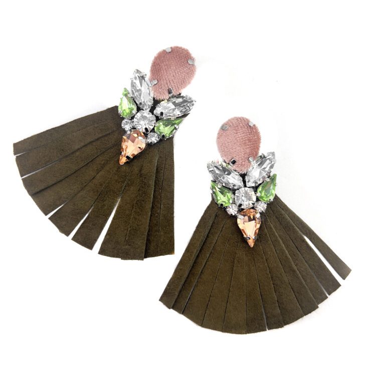 Orecchini Con Frangia Verde E Pietre Rosa In Velluto Verdi Oro E Crystal - Vo72