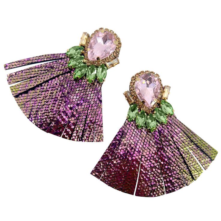 Orecchini Con Frangia Rosa E Verde Cangiante E Pietre Rosa Verdi E Oro - Vo76