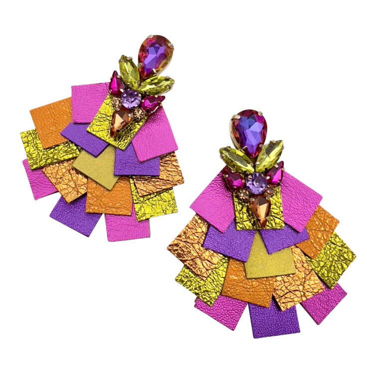 Orecchini Mosaico In Pelle Fucsia Viola Arancione E Giallo Lime - Mp040
