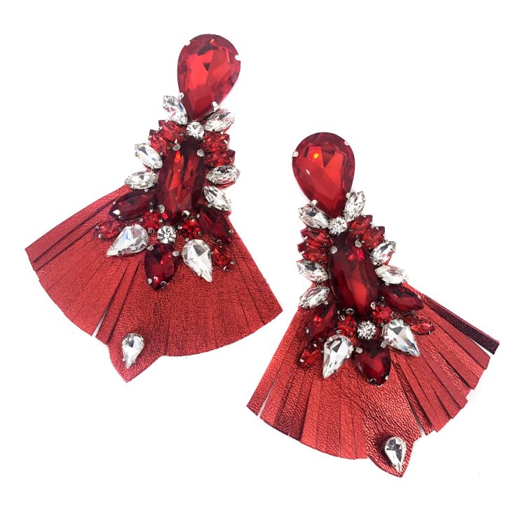 Orecchini Con Pietre E Frangia In Pelle Rossa - F0186