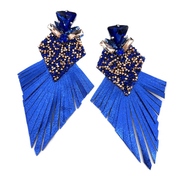 Orecchini Con Frangia In Pelle Blu Elettrico E Micro Cristalli - F0195