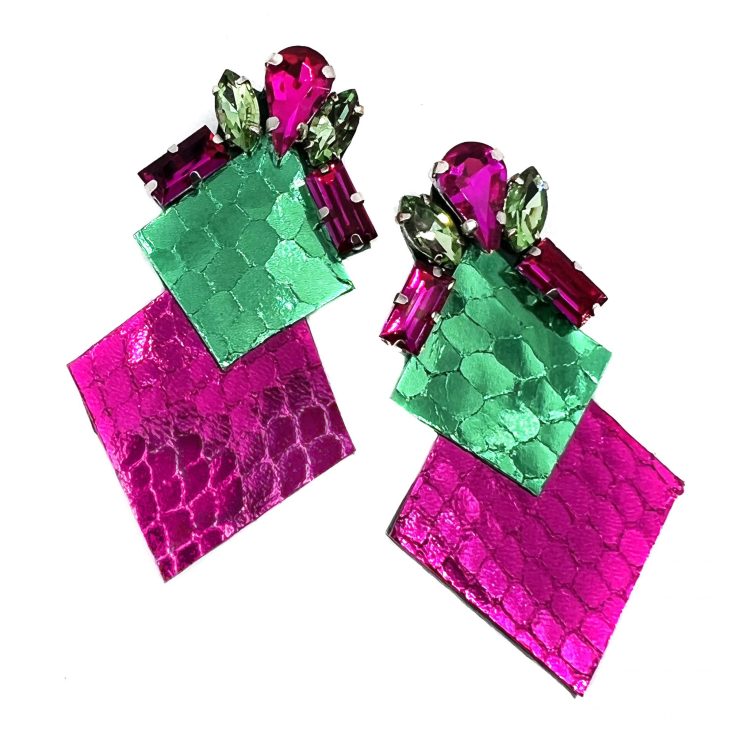 Orecchini In Pelle Pitonata Verde Smeraldo E Fucsia - Anm072