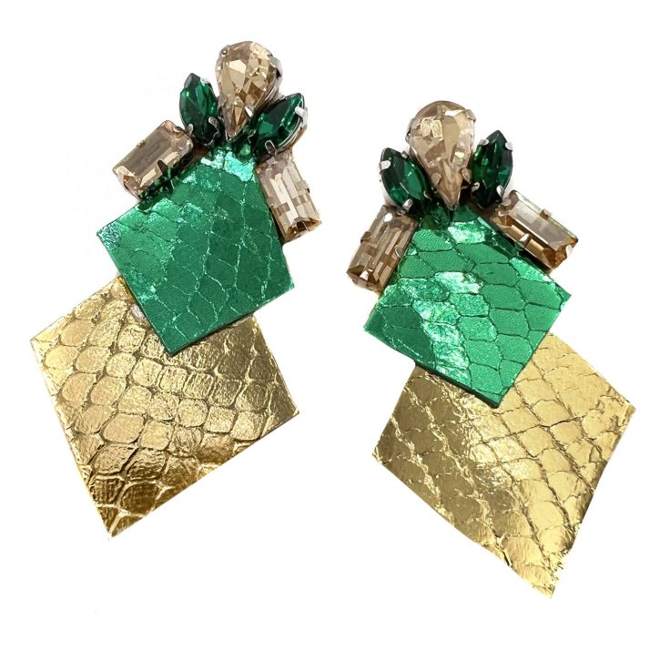 Orecchini In Pelle Pitonata Verde Smeraldo E Oro - Anm077