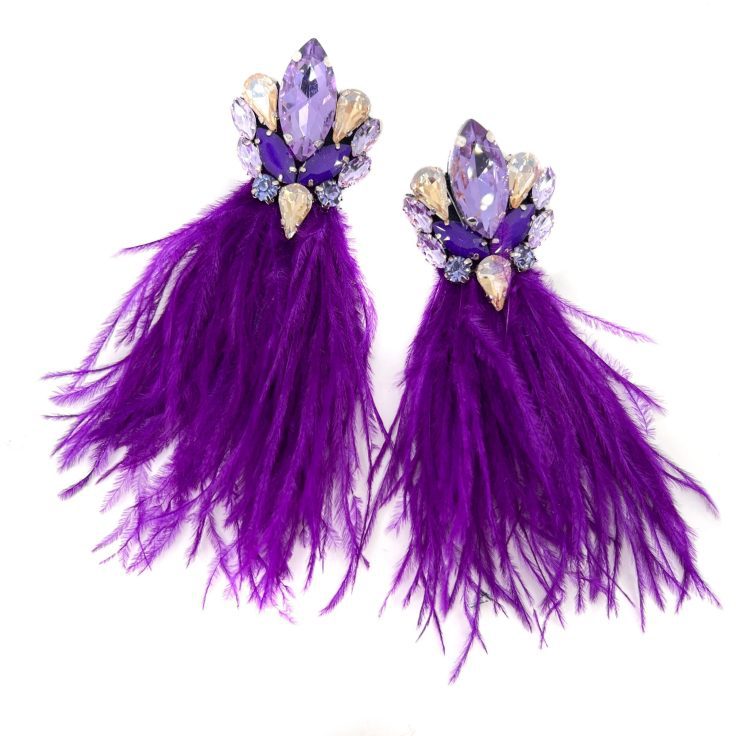 Orecchini Con Pietre E Piume Viola Scuro E Oro - Cl591