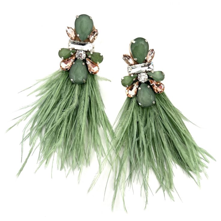Orecchini Con Pietre E Piume Verde Salvia E Cipria - Cl594