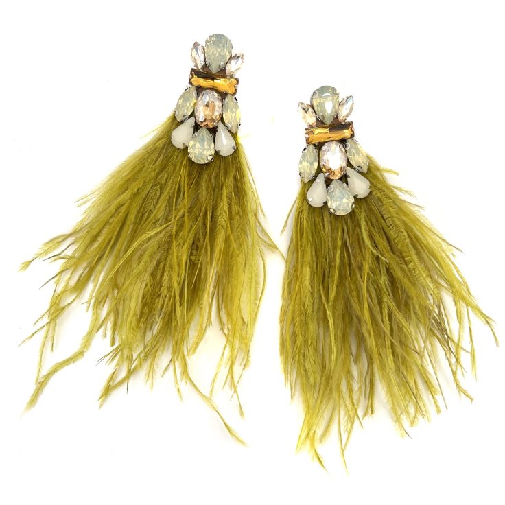 Orecchini Con Piume Verde Oliva E Pietre Ghiaccio E Oro - Cl595