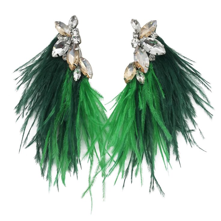 Orecchini Con Pietre Oro E Piume Verde Smeraldo E Verde Bosco - Cl833